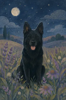 Black Shepherd Dog Under Spring Stars
