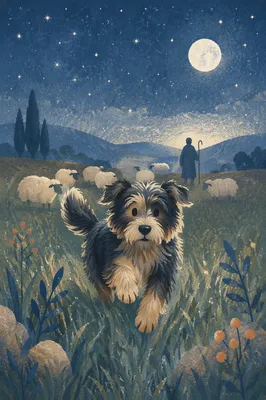 Shepherds Field Dog Under Winter Stars