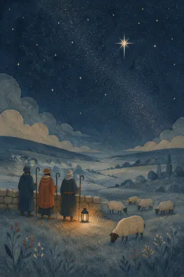 Shepherds in Frosty Field Under Stars