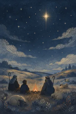Shepherds Under Christmas Starry Winter Sky