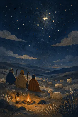 Shepherds Beneath Winter Stars at Night