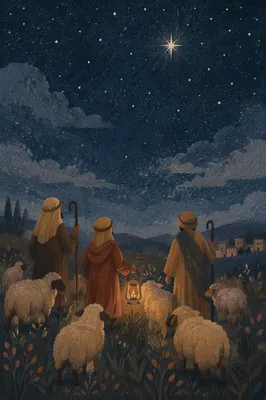 Shepherds in Starry Night Pasture