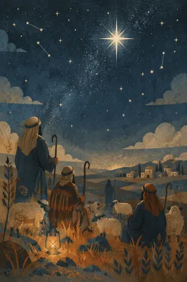 Shepherds Under Christmas Starry Winter Sky
