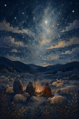 Shepherds Under Starry Winter Night Sky
