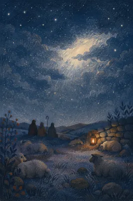 Shepherds Under Starry Winter Night Sky