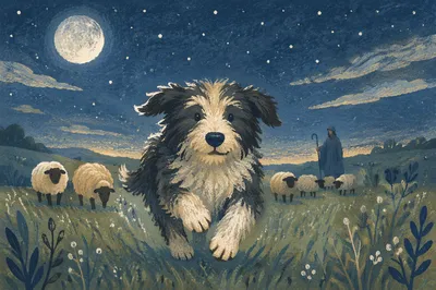 Shepherd Dog Running Under Starry Night