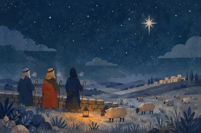 Shepherds in Frosty Starry Night Field