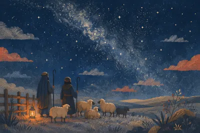 Shepherds Under Stars in Winter Field