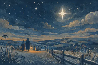 Shepherds in Starry Winter Field