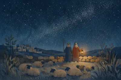 Shepherds in Frosted Field Under Stars