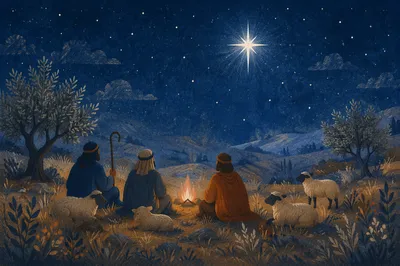 Shepherds Under Bethlehem Starry Winter Sky