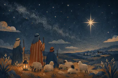 Shepherds Beneath Christmas Starry Winter Sky