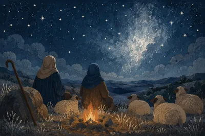 Shepherds Beneath Winter Stars at Night