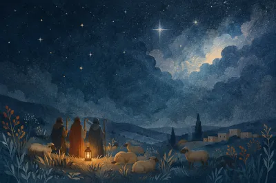Shepherds Under Christmas Stars at Night