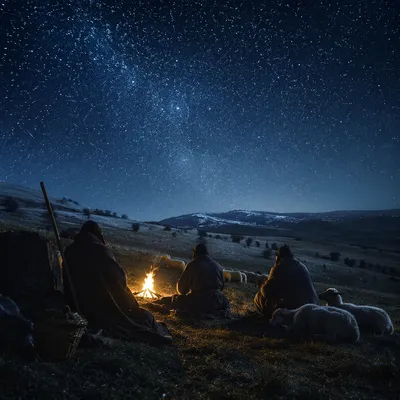 Shepherds in Starry Winter Pasture