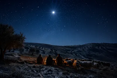 Shepherds Under Bethlehem Starry Winter Sky