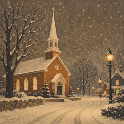 Snow Falling on Church Steeple at Night