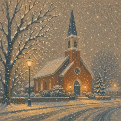 Snow Falling on Church Steeple at Night