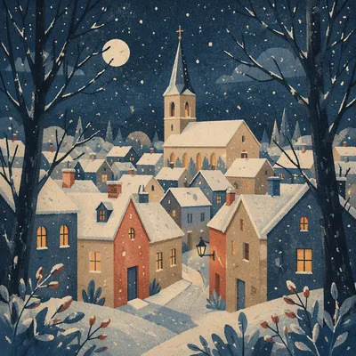 Snowy Church Steeple on Winter Night