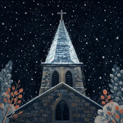 Snow Falling on Church Steeple at Night
