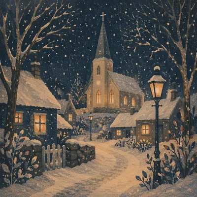 Snowy Church Steeple on Winter Night
