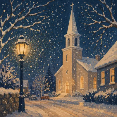 Snowfall Over Church Steeple at Night