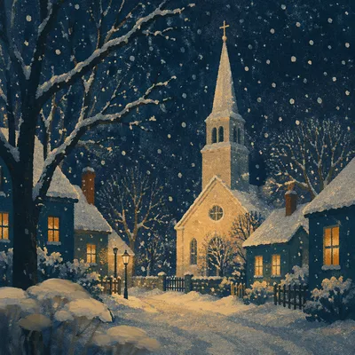 Snow Falling on Church Steeple at Night