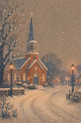 Snowfall Over Church Steeple Winter Night