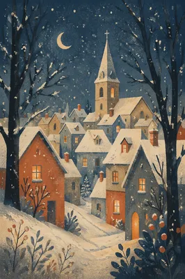 Snowy Church Steeple on Winter Night