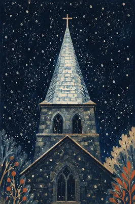 Snowy Church Steeple on Winter Night