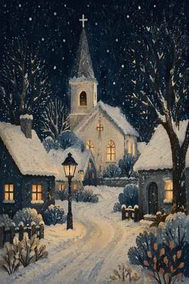 Snow Falling on Church Steeple at Night