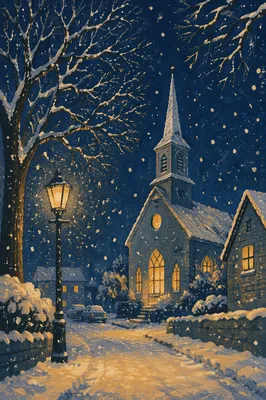 Snow Falling on Church Steeple at Night