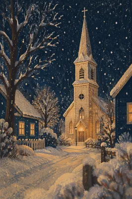 Snow Falling on Church Steeple at Night