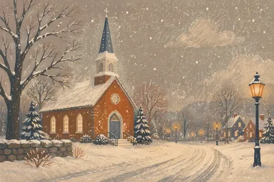Snowy Church Steeple on Winter Night