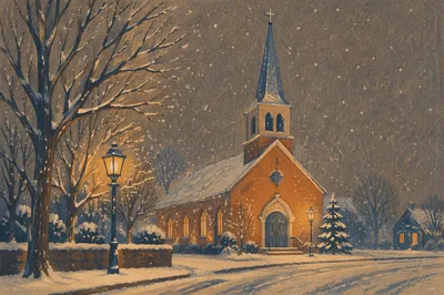 Snowy Church Steeple on Winter Night