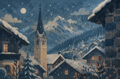 Snowy Church Steeple on Winter Night