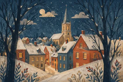 Snowy Church Steeple on Winter Night