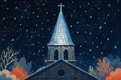 Snowy Church Steeple on Winter Night
