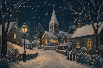 Snow Falling on Church Steeple at Night