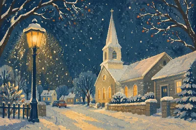 Snow Falling on Church Steeple at Night