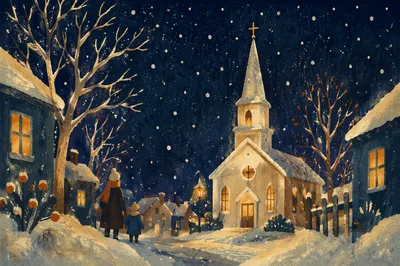 Snow Falling on Church Steeple at Night