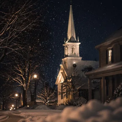 Snow Falling on Church Steeple at Night
