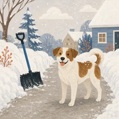Happy Dog on Snowy Winter Driveway