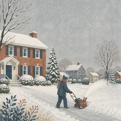 Neighbor Clearing Snowy Driveway at Dawn