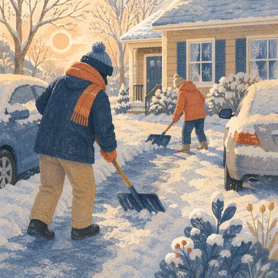 Neighbors Shoveling Snowy Driveway at Sunrise