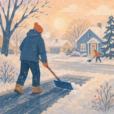 Neighbor Shoveling Snow on Winter Morning