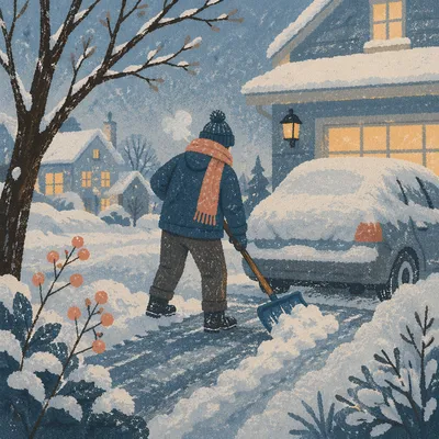 Neighbor Shoveling Snowy Driveway at Dawn