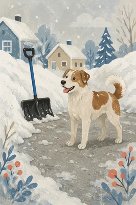 Happy Dog on Snowy Driveway Morning