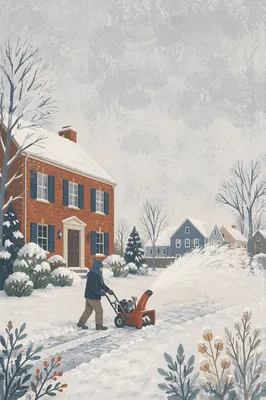 Neighbor Clearing Snowy Driveway at Dawn