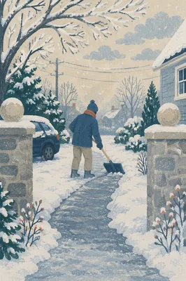 Neighbor Shoveling Snowy Drive on Winter Morning